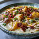 A rustic wooden table holds a steaming bowl of Loaded Potato Soup, garnished with shredded cheese and sliced scallions.