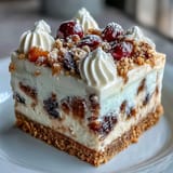 A slice of Christmas Cheesecake Slab reveals creamy, spiced filling with dried fruit on a crunchy biscuit crust.