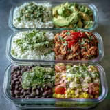 Customizable burrito bowl base featuring cooked chicken, black beans, and colorful veggies, ready for easy meal prep in airtight containers.  