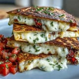 Mini quesadilla triangles with salsa served on a white plate, golden and crispy, with vibrant red tomato salsa on the side for dipping.