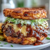 Juicy Memorial Day smash burger sliders piled high with lettuce, pickles, and sauce.