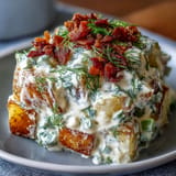 Festive bacon dill potato salad, a tangy side dish perfect for gatherings.