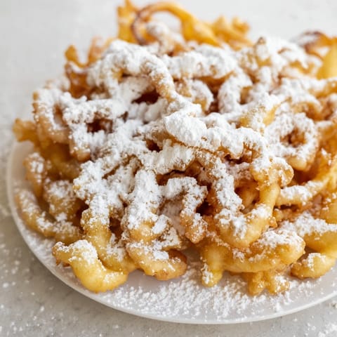 Freshly fried funnel cakes with a beautiful, lacy pattern, perfect for a fairground dessert.