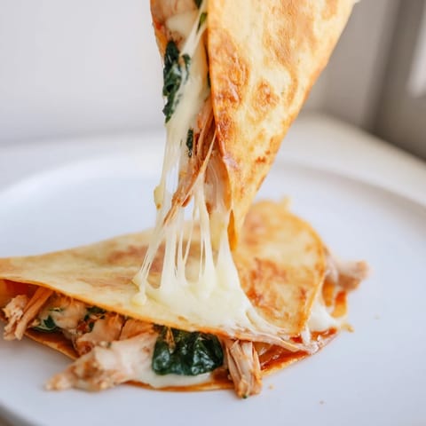 A top-down view of a freshly grilled Chicken and Spinach Quesadilla served with a side of salsa and a dollop of sour cream.  