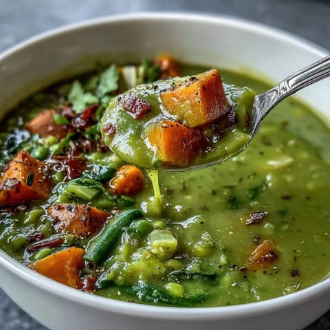 Hearty vegetarian Split Pea Soup with tender carrots and celery, served alongside crusty artisan bread on a cozy table.