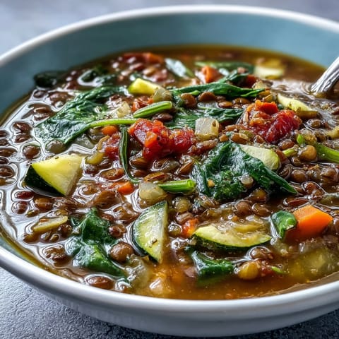 Spiced with cumin and smoked paprika, this protein-packed Lentil and Vegetable Soup simmers with tender lentils and colorful vegetables in a rustic, full-bodied broth.