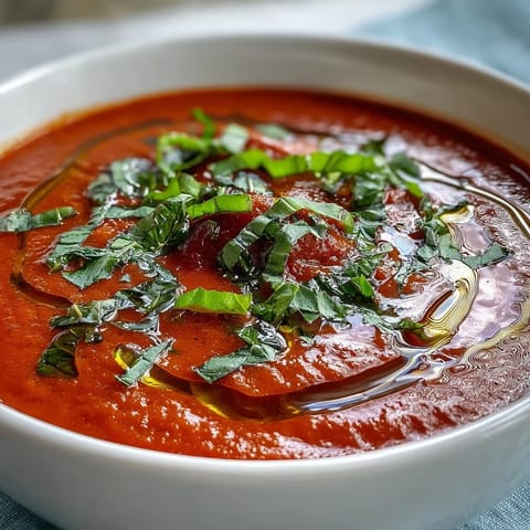 A warm pot of homemade Tomato and Basil Soup, a velvety Italian classic featuring ripe tomatoes and fresh herbs.