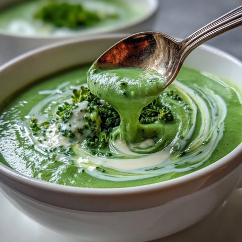Close-up of velvety creamy broccoli soup in a white bowl, highlighting the vibrant green puree and tender broccoli florets.