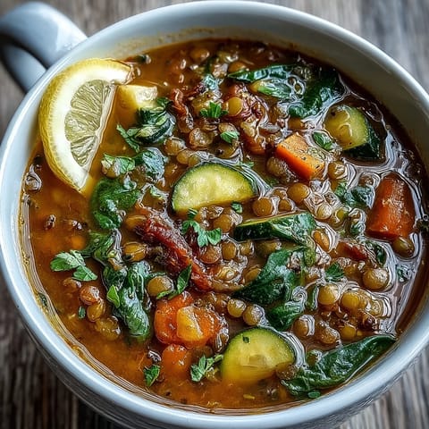 Hearty Lentil Soup with tender green lentils, diced carrots, and wilted spinach, served in a cozy ceramic mug.
