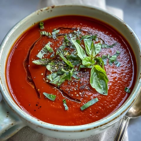 Silky smooth tomato and basil soup being ladled into a rustic bowl, showcasing its rich red color and aromatic steam.