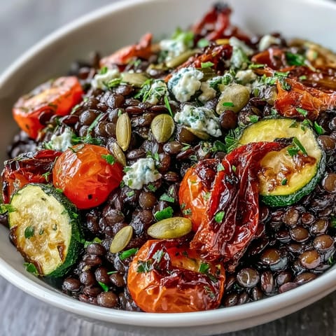 Hearty Black Lentil Salad tossed with chickpeas and fresh herbs, drizzled with lemon vinaigrette for a nutritious Mediterranean-inspired dinner.