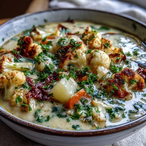 Creamy vegetarian cauliflower chowder served in a rustic bowl, garnished with fresh chives and a slice of crusty bread on the side.  