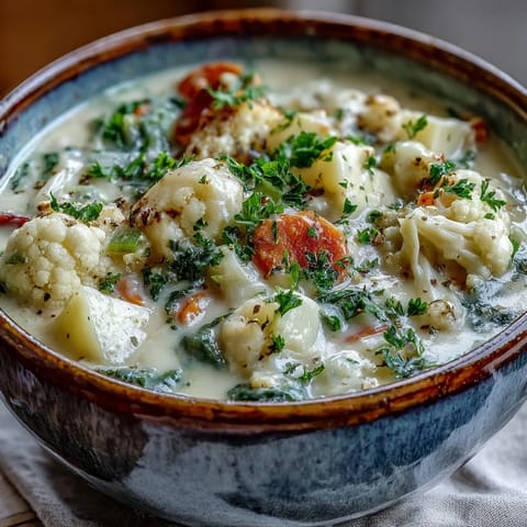 Steaming pot of homemade cauliflower chowder with tender potatoes, carrots, and a swirl of milk for extra richness.  