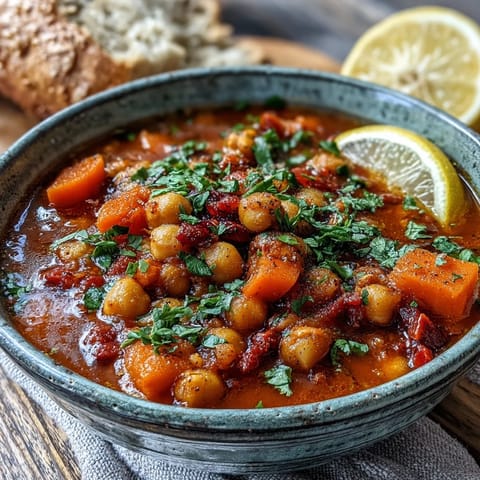 A steaming bowl of Spicy Chickpea Stew garnished with fresh cilantro and a lemon wedge, served beside rustic crusty bread.