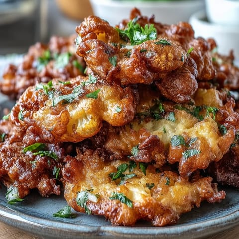 Golden Cauliflower Bhajis paired with a creamy mint yogurt dip, perfect for an Indian-inspired snack.
