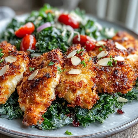 Sliced, juicy almond-crusted chicken with a fresh kale sumac salad topped with toasted almonds and cherry tomatoes.