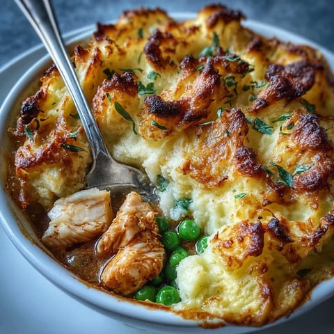 A close-up view of curried fish pie shows fluffy mashed potato peaks browned to perfection, revealing creamy curry sauce inside.