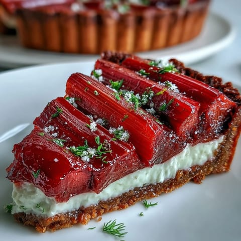 A slice of the Rhubarb, White Chocolate, and Elderflower Tart reveals a crisp crust and smooth, pale custard filling. 
