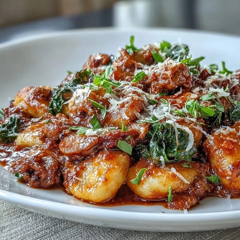 A close-up of Sausage Gnocchi with Kale featuring pillowy gnocchi coated in a rich red sauce and garnished with fresh basil.