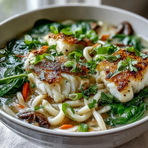 Poached Cod with Spiced Coconut Broth and Udon Noodles served in a warm bowl, garnished with fresh cilantro and sliced scallions.