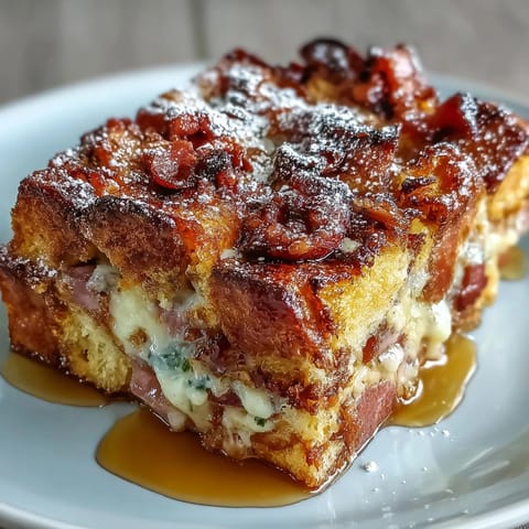 Layered Monte Cristo Breakfast Casserole with ham, turkey, Swiss cheese, and cinnamon bread.