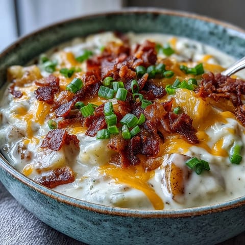 Creamy Loaded Potato Soup in a white bowl, topped with crispy bacon crumbles, extra cheddar, and fresh green onions.