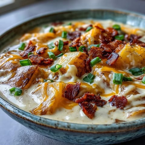 A rustic wooden table holds a steaming bowl of Loaded Potato Soup, garnished with shredded cheese and sliced scallions.