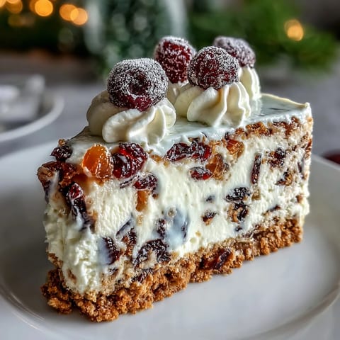 Christmas Cheesecake Slab squares topped with whipped cream and powdered sugar, served on a rustic wooden board.