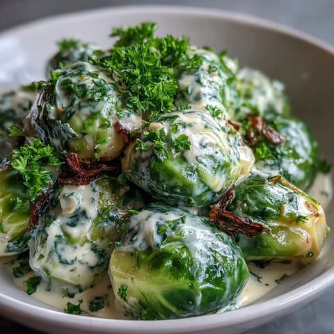 Freshly cooked Brussels sprouts coated in creamy Dijon mustard sauce, garnished with parsley and served warm.