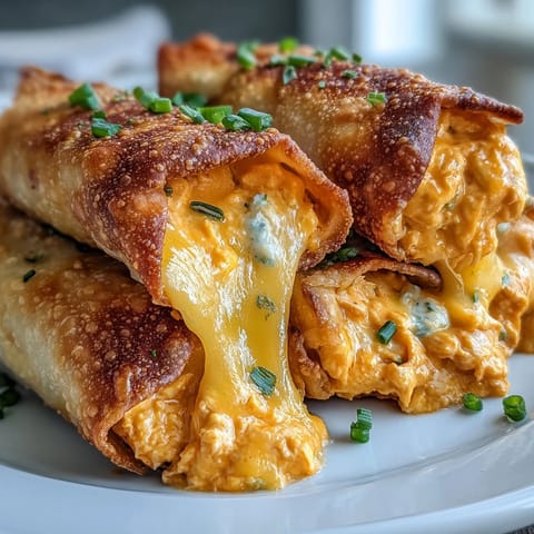 Golden Buffalo Chicken Dip Egg Rolls are fried until crisp, revealing a creamy, spicy filling of chicken and cheddar.