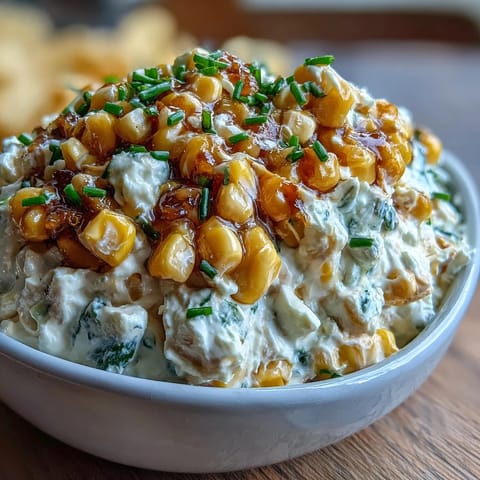 Warm Crack Corn Dip with melted cheddar and diced jalapeños is served in a dish with tortilla chips for dipping.