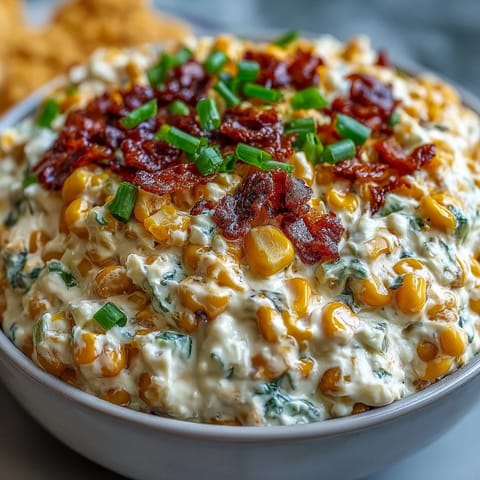 Golden baked Crack Corn Dip with creamy texture and green onions is scooped onto a blue plate with tortilla chips.