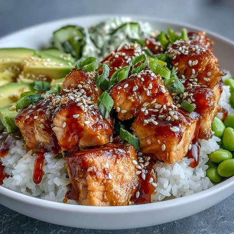Golden baked salmon cubes sit on fluffy jasmine rice with bright green edamame and crisp cucumber slices in this Salmon Rice Bowl, drizzled with creamy sriracha mayo.