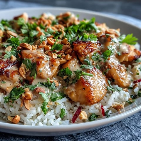 Bright sautéed chicken pieces sit atop fluffy coconut rice, garnished with crisp red cabbage and carrots in a vibrant Peanut Chicken Protein Bowl.