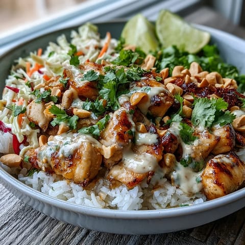 A vibrant Peanut Chicken Protein Bowl with succulent sautéed chicken over coconut rice, topped with crisp red cabbage and carrots.
