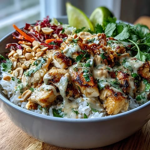 Close-up view of a Peanut Chicken Protein Bowl showing creamy peanut sauce drizzled over fresh cilantro and chopped peanuts.