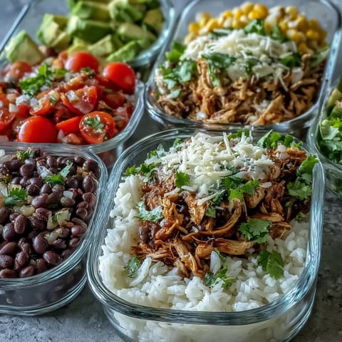 Meal Prep Burrito Bowl Base with fluffy rice, seasoned beans, and protein, topped with fresh vegetables and cheese in a glass container.  