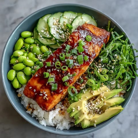 Pan-fried salmon fillets coated in sweet and spicy honey sriracha sauce, served with fluffy rice and crisp vegetables.  