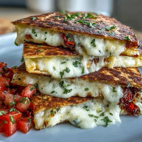 Mini quesadilla triangles with salsa served on a white plate, golden and crispy, with vibrant red tomato salsa on the side for dipping.