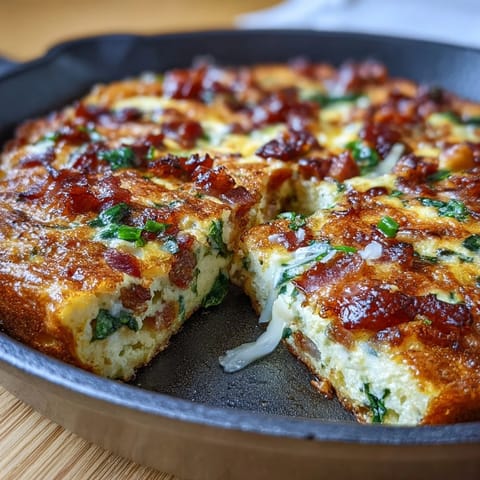 Fluffy One-Pan Ham and Cheese Frittata with melty cheddar and fresh spinach, perfect for a hearty breakfast or brunch.