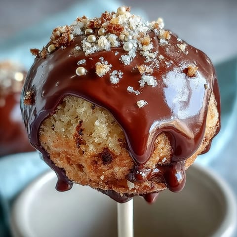 Chocolate cake pops shaped like tiny pots filled with shimmering gold candy pearls, perfect for holiday parties.  