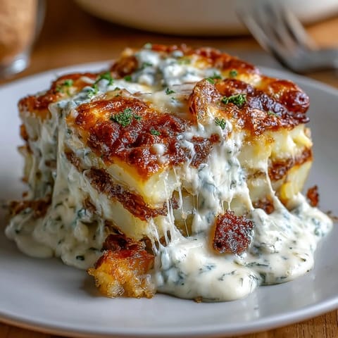 Creamy Au Gratin Potatoes: golden baked layers of potatoes in rich cream sauce topped with melted Gruyère cheese.  