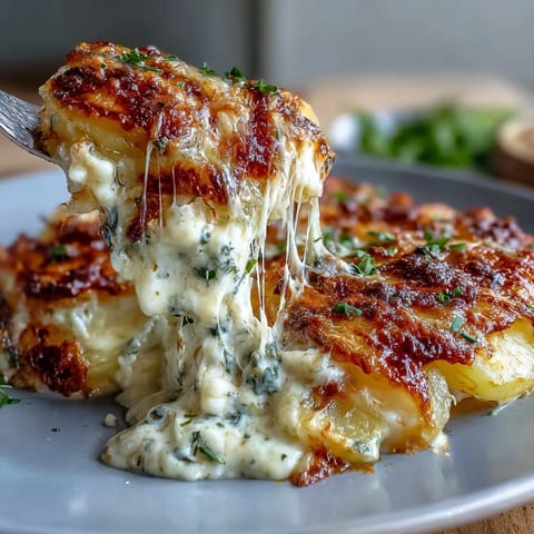 Velvety Creamy Au Gratin Potatoes with tender Yukon Gold slices baked in garlic cream and finished with bubbly Parmesan.  