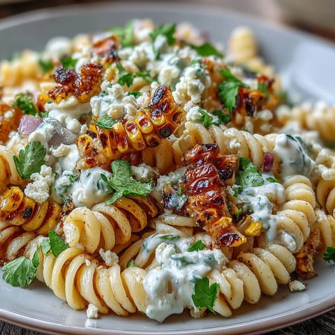 Vibrant elote-inspired pasta salad featuring grilled corn, cherry tomatoes, and spicy jalapeño tossed with zesty lime dressing.  