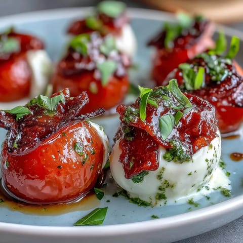 Caprese skewers with pesto drizzle showcase fresh mozzarella, cherry tomatoes, and basil on bamboo sticks, drizzled with vibrant homemade pesto.