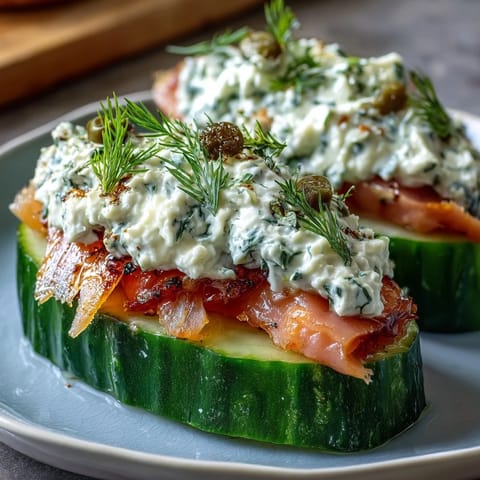 Cucumber Bites with Cream Cheese and Smoked Salmon, arranged on a white platter with dill sprigs and capers.