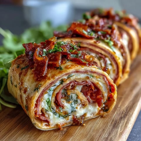 Italian Sub Pinwheel Wraps with layers of ham, salami, pepperoni, and provolone cheese, rolled in a soft tortilla.