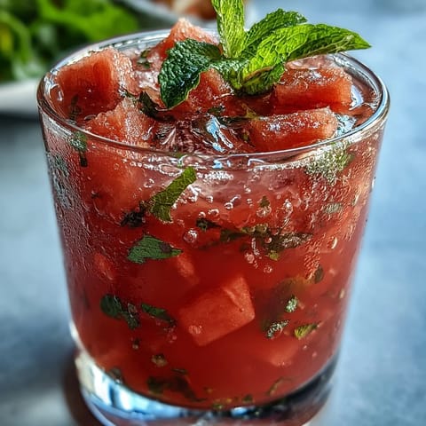 Refreshing watermelon mint lemonade with vibrant pink hue, served over ice with fresh mint sprigs and lemon slices.  