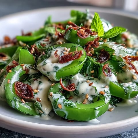 Vibrant snap pea and radish spring salad with creamy tahini dressing.