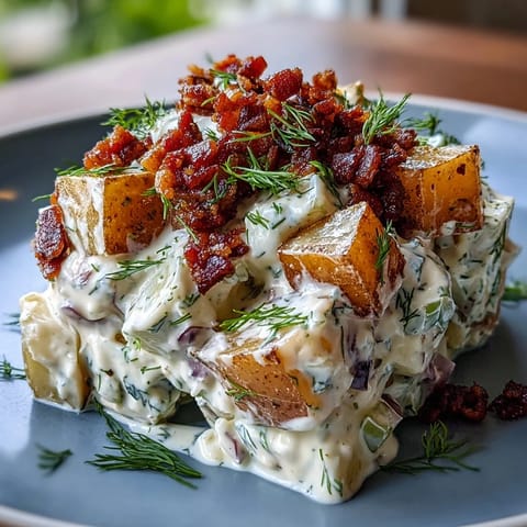 Memorial Day Potato Salad with Dill and Bacon, creamy and topped with crispy bacon.